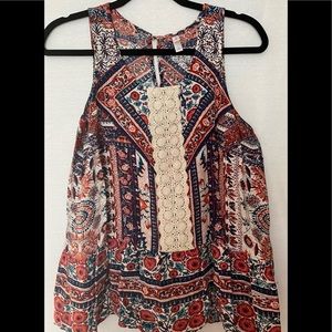 Blue, white & rust colored flowy tank top. Xhilaration, size large